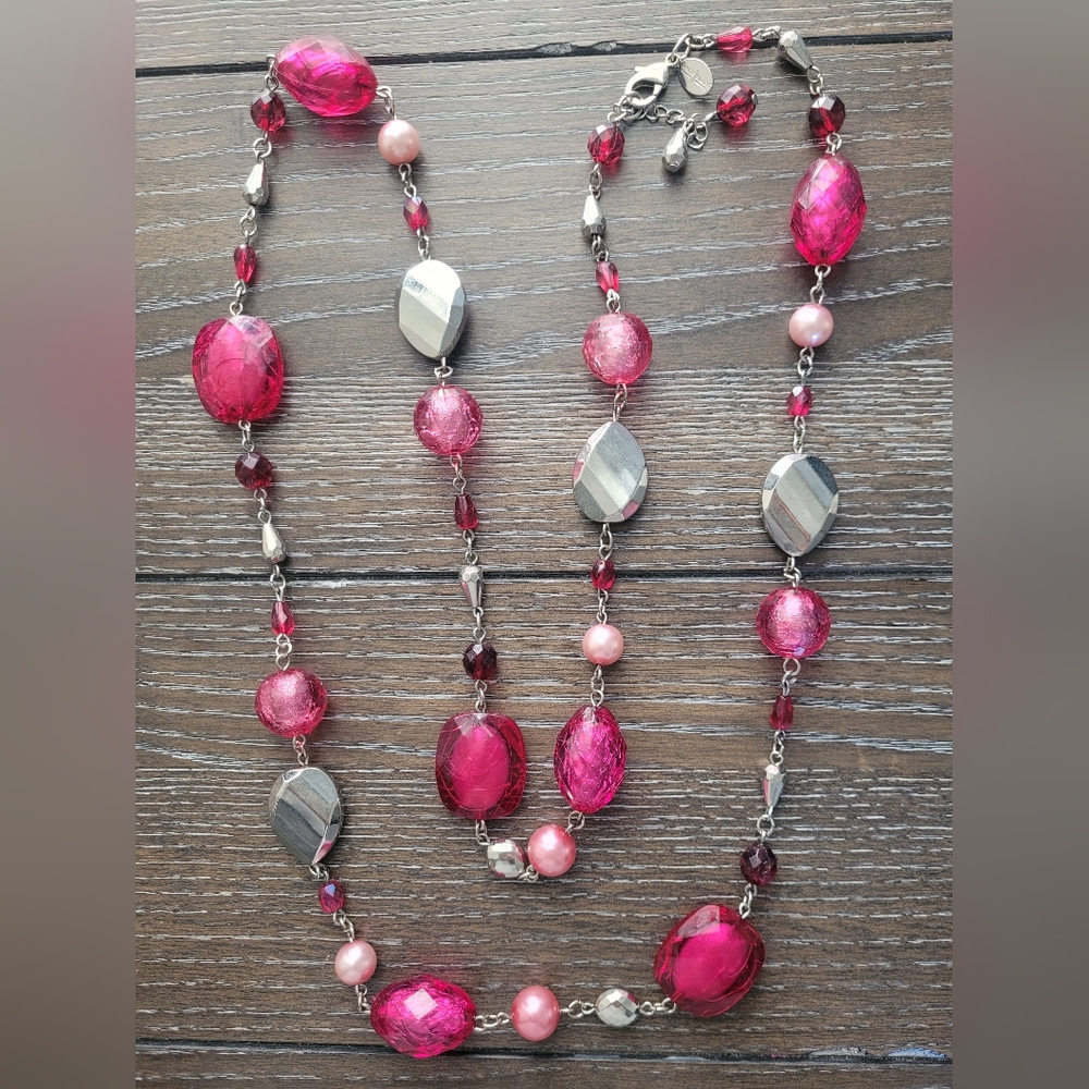 White House Black Market pink chunky beads silver tone long necklace